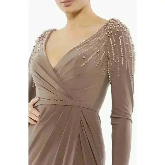 MAC DUGGAL GOWN 18 MAXI DRESS 55715 MOCHA FAUX WRAP JERSEY EMBELLISHED CRYSTALS - Picture 4 of 13